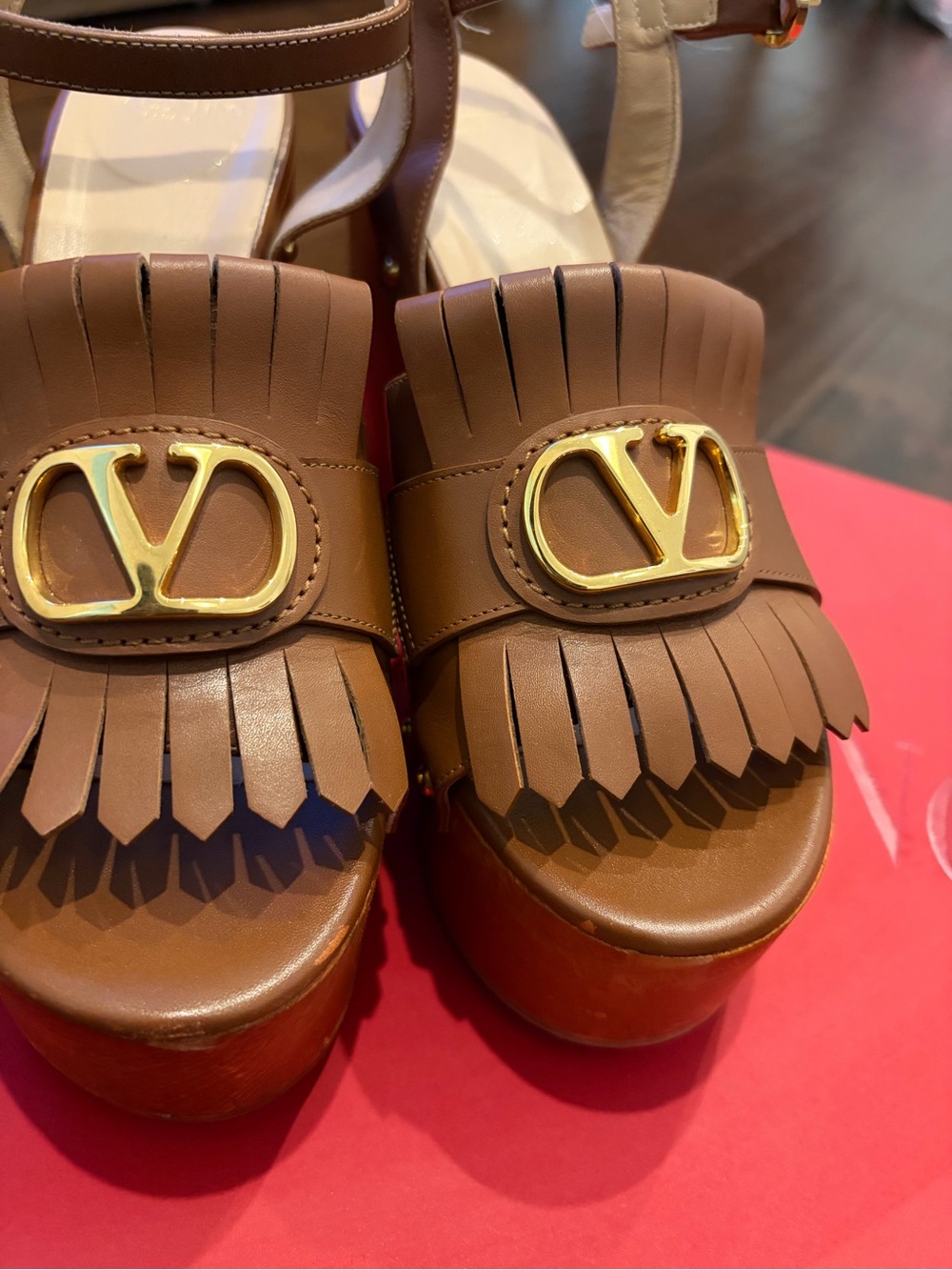 Valentino Garavani Brown Leather Fringe Wedge Sandals with Gold V Logo - Picture 8 of 8